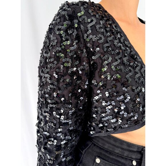 80s vintage black sequin lace embellished glam party cropped bolero jacket shrug - Picture 6 of 8